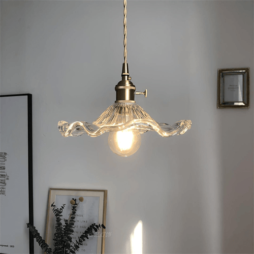 Brass Accent Pendant Light With Scalloped Glass Shade Fixture