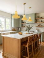 Green schoolhouse pendant light with a textured glass shade