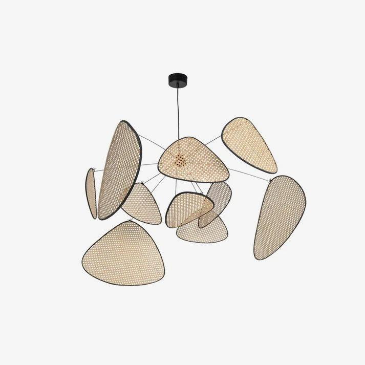 Rendered as a line drawing on white, this Clérachic pendant shows the cables connecting each bamboo-weave paddle to the frame.