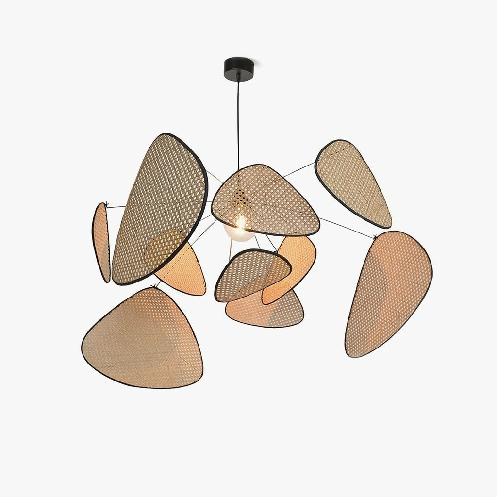 Photographed on a plain white backdrop, this Clérachic pendant's black frame holds ten woven bamboo curtains around a single bulb.