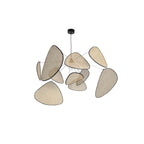 A studio shot on a white background shows this Clérachic pendant's bamboo-weave paddles fanned around the black frame.