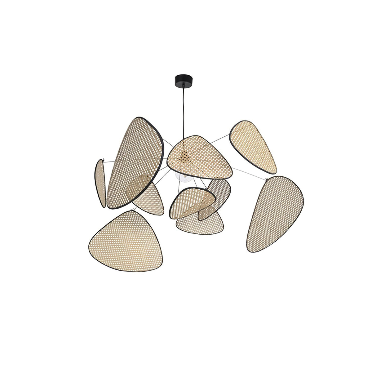 A studio shot on a white background shows this Clérachic pendant's bamboo-weave paddles fanned around the black frame.