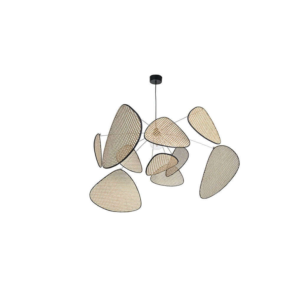 A studio shot on a white background angles this Clérachic pendant to show the gaps between its bamboo-weave paddles.