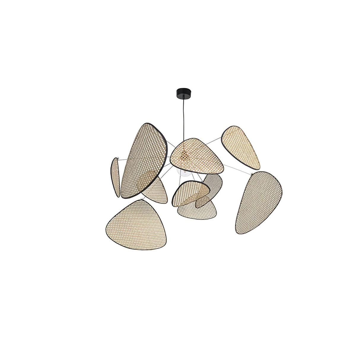 A studio shot on a white background angles this Clérachic pendant to show the gaps between its bamboo-weave paddles.