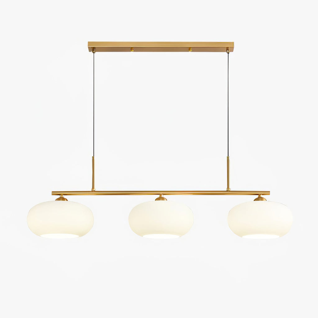 Linear three-globe pendant with nickel bar and white glass
