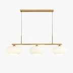 Linear three-globe pendant with nickel bar and white glass