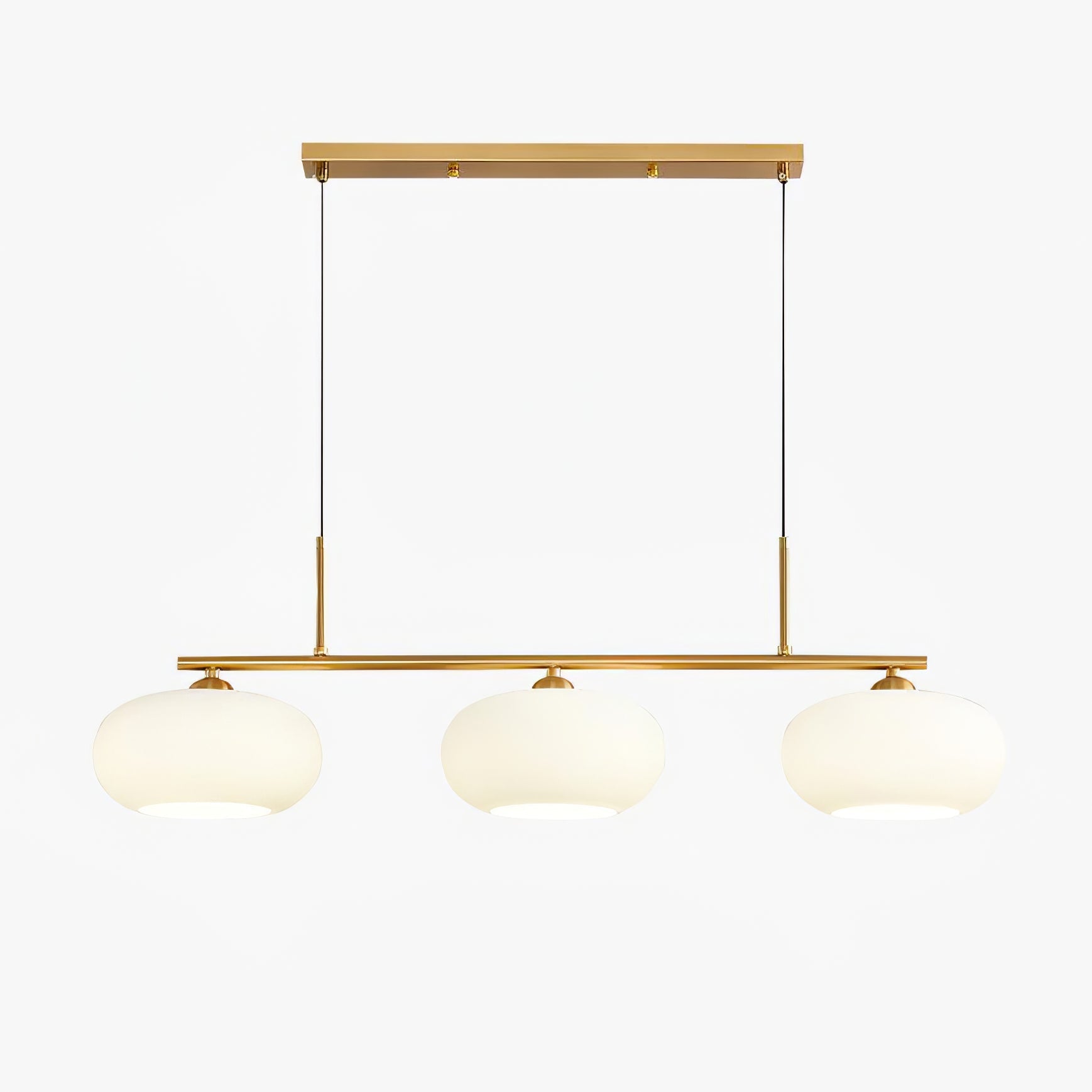 Linear three-globe pendant with nickel bar and white glass