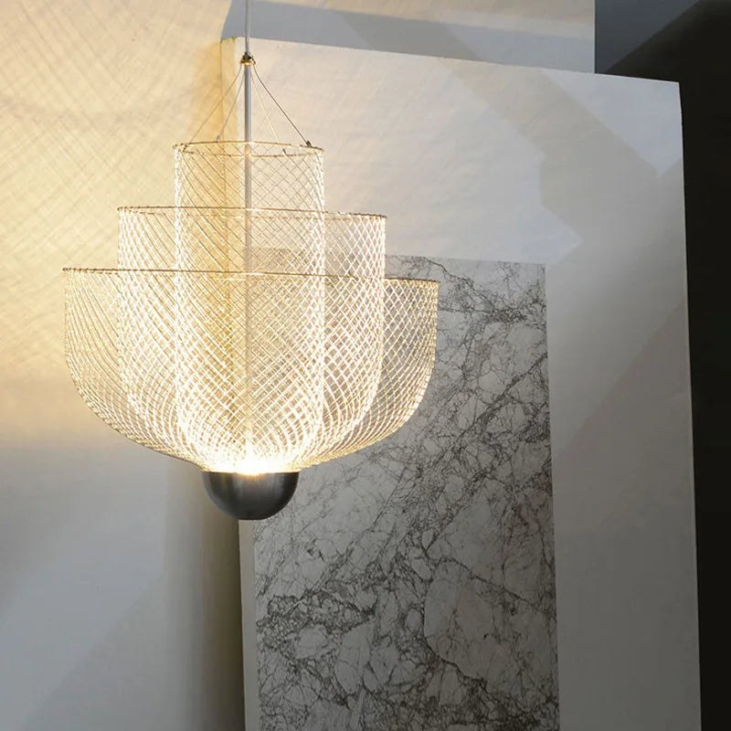 幾何学的アイアングリッドシャンデリア、シルバーまたはゴールドの大型LEDシーリングライト