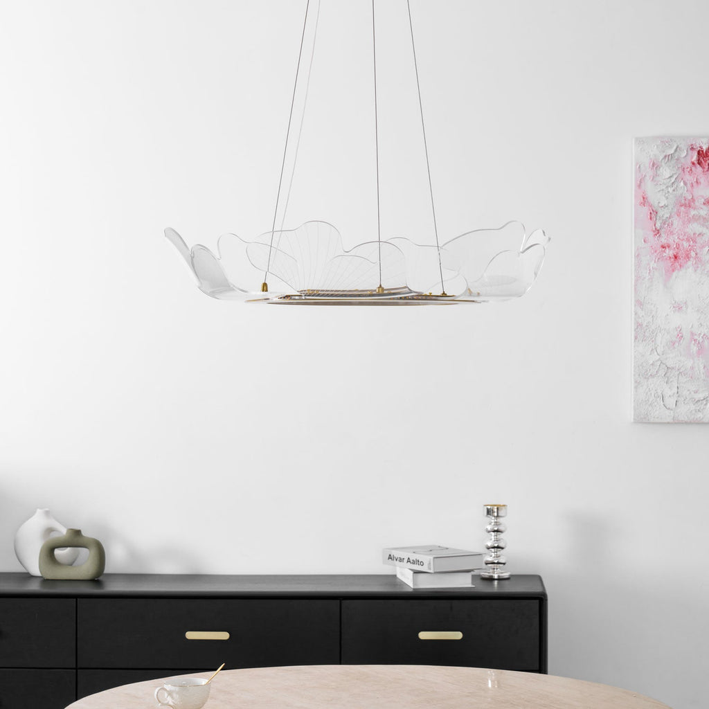Layered leaf-form chandelier with soft warm-white glow
