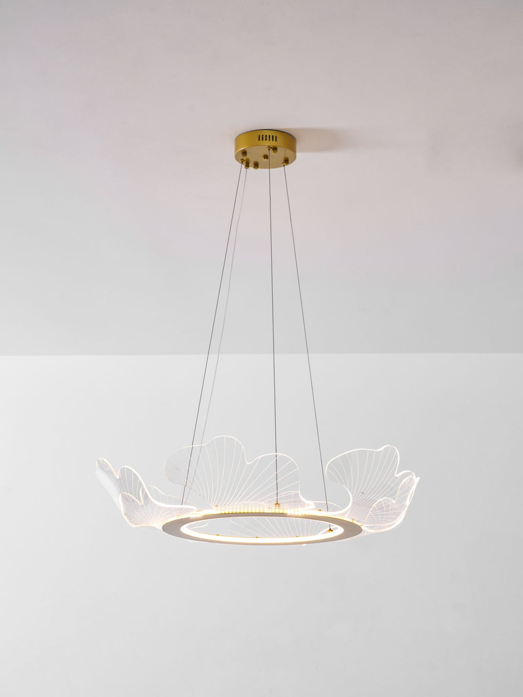 Gold leaf-form chandelier with scallop-edged acrylic layers
