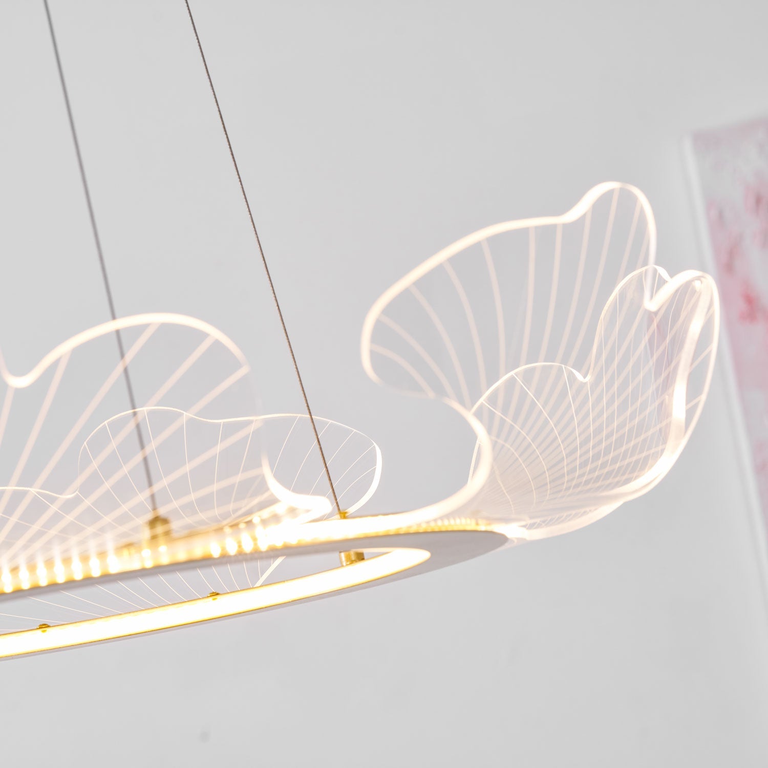 Sea leaf chandelier glowing in a sophisticated living space