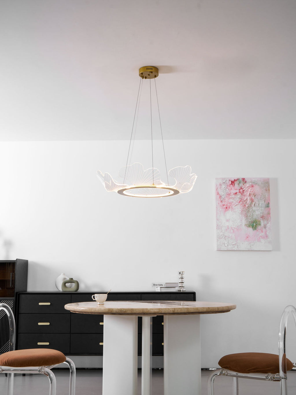 Clear acrylic leaf chandelier with gold scallop edges