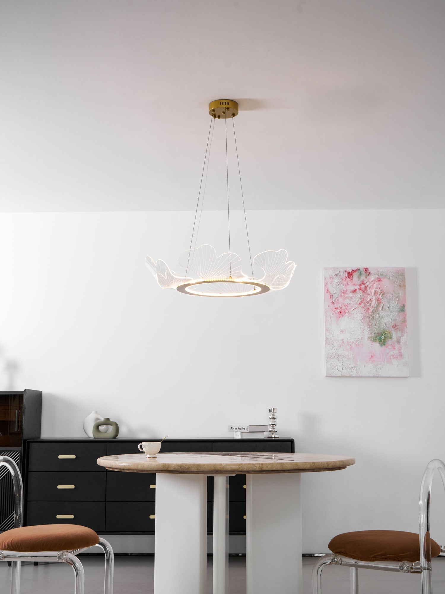 Clear acrylic leaf chandelier with gold scallop edges