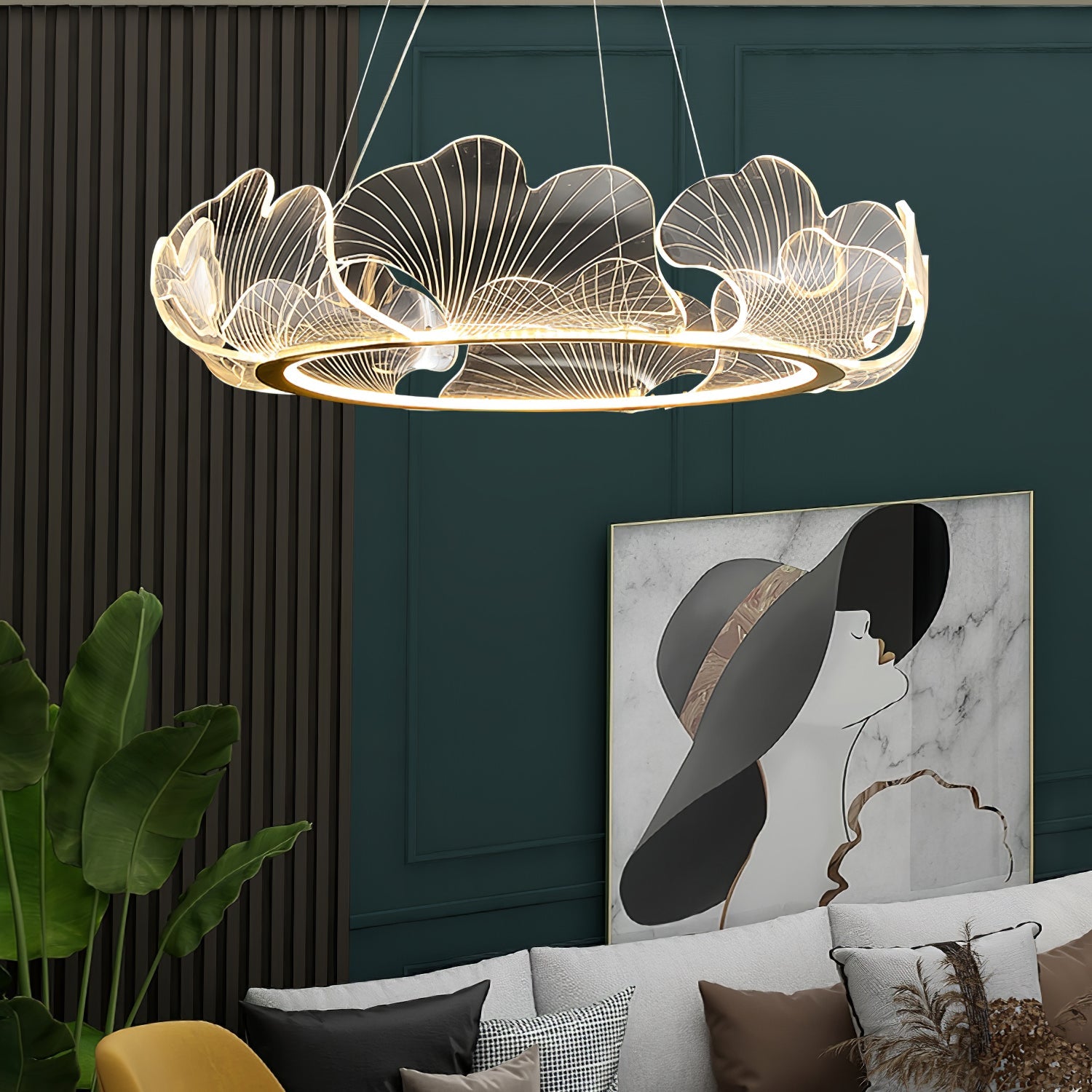 Leaf chandelier with layered acrylic and warm gold glow