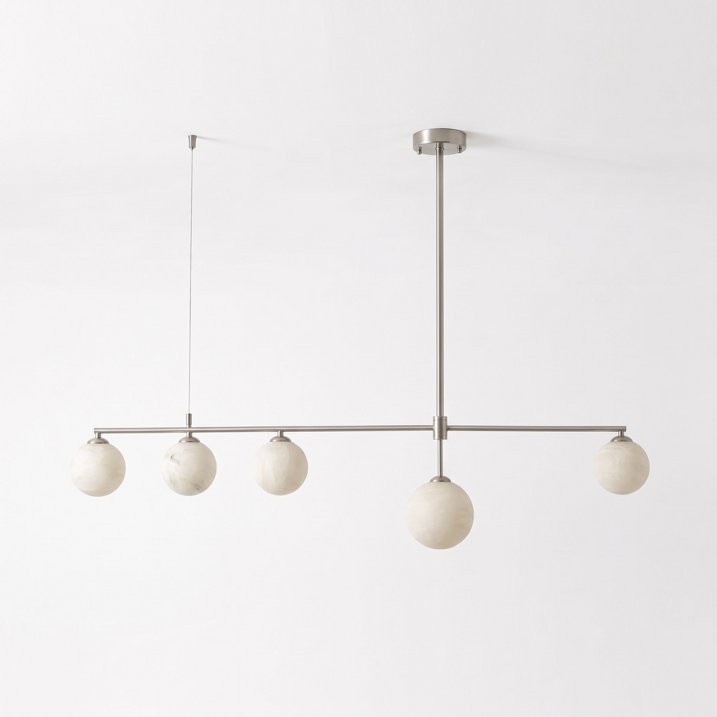 This nickel-finish Clérachic chandelier hangs unlit on a plain white background, its five alabaster balls level.