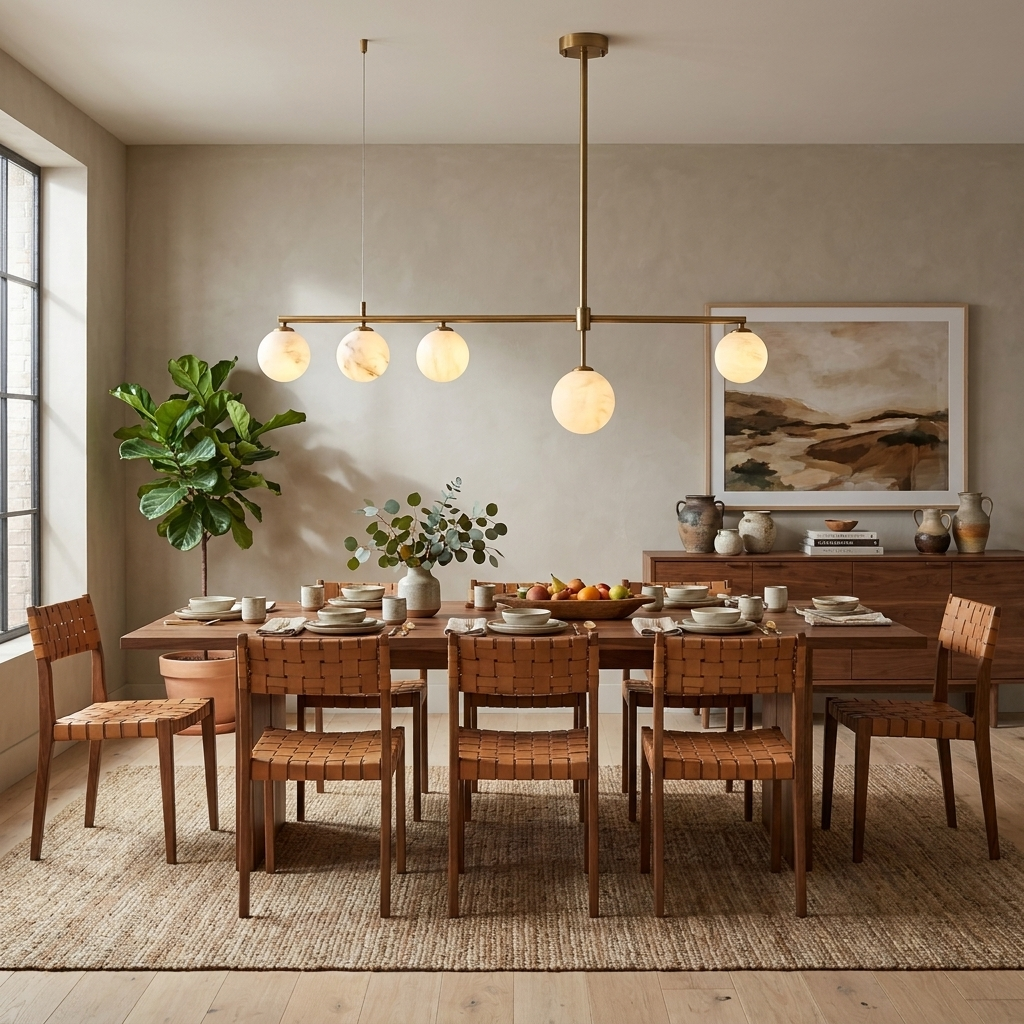 Five glowing alabaster balls on this brass Clérachic chandelier light a long dining table set with woven leather chairs.