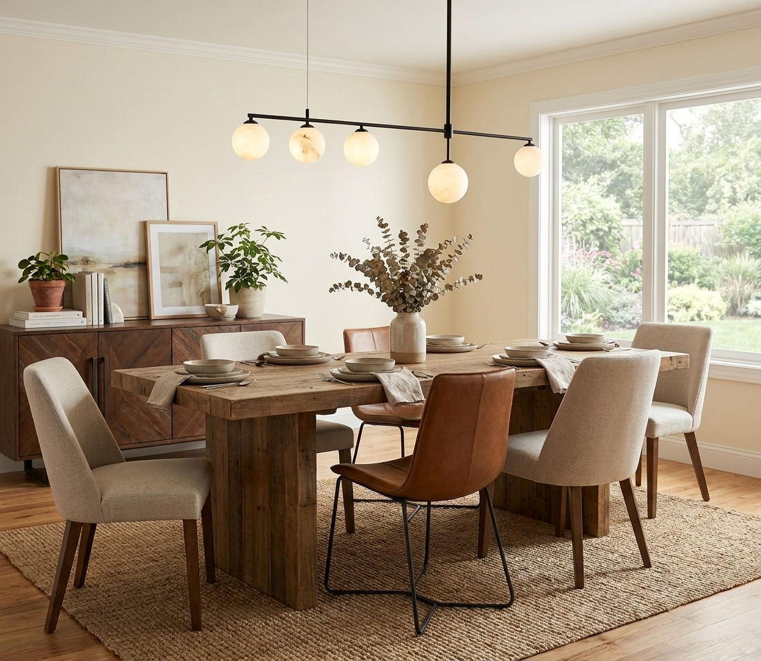 A black Clérachic chandelier glows above a dining table mixing leather and upholstered chairs beside a sunlit window.