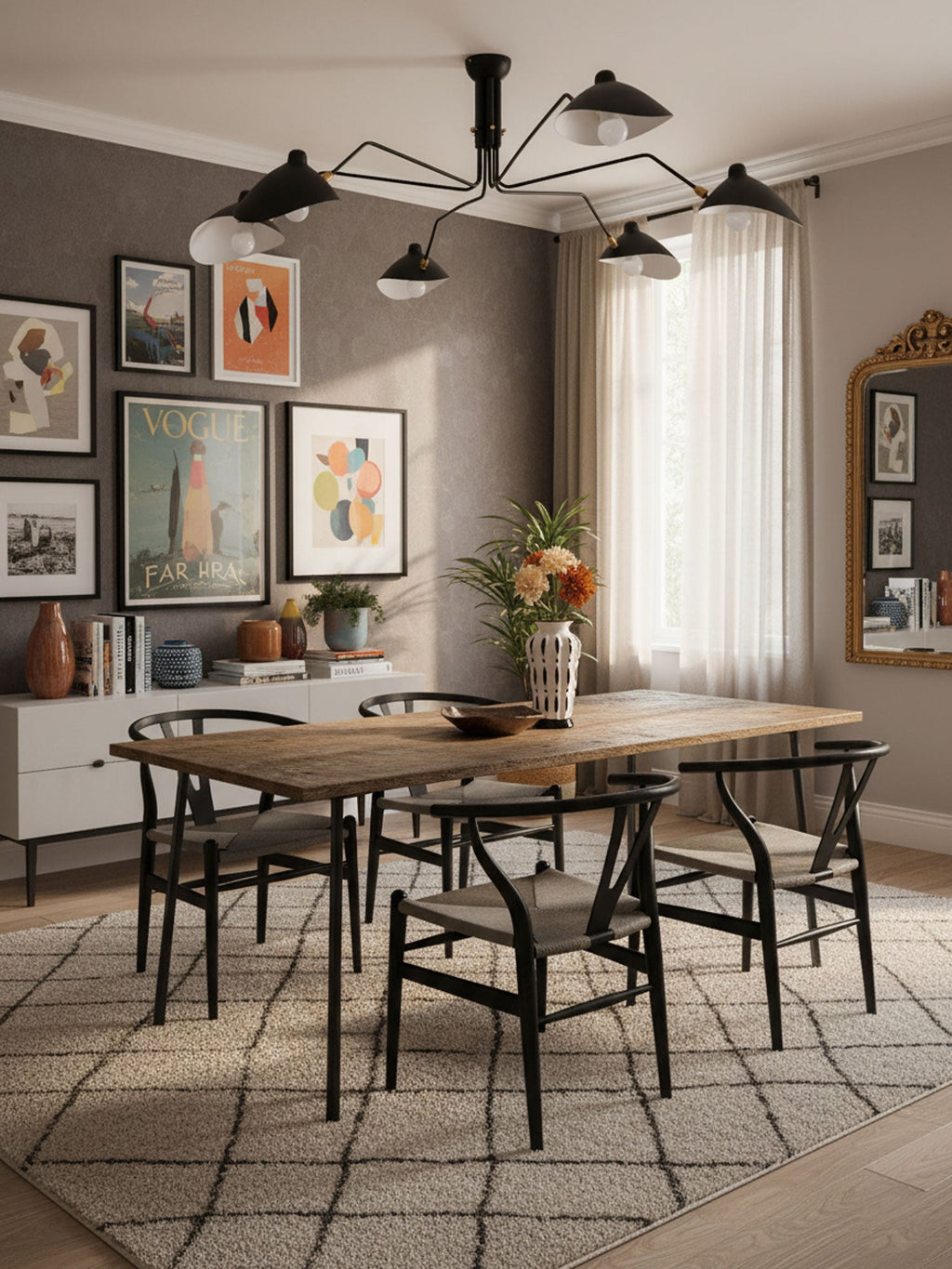 Suspended multi-arm ceiling light with sculptural reflectors