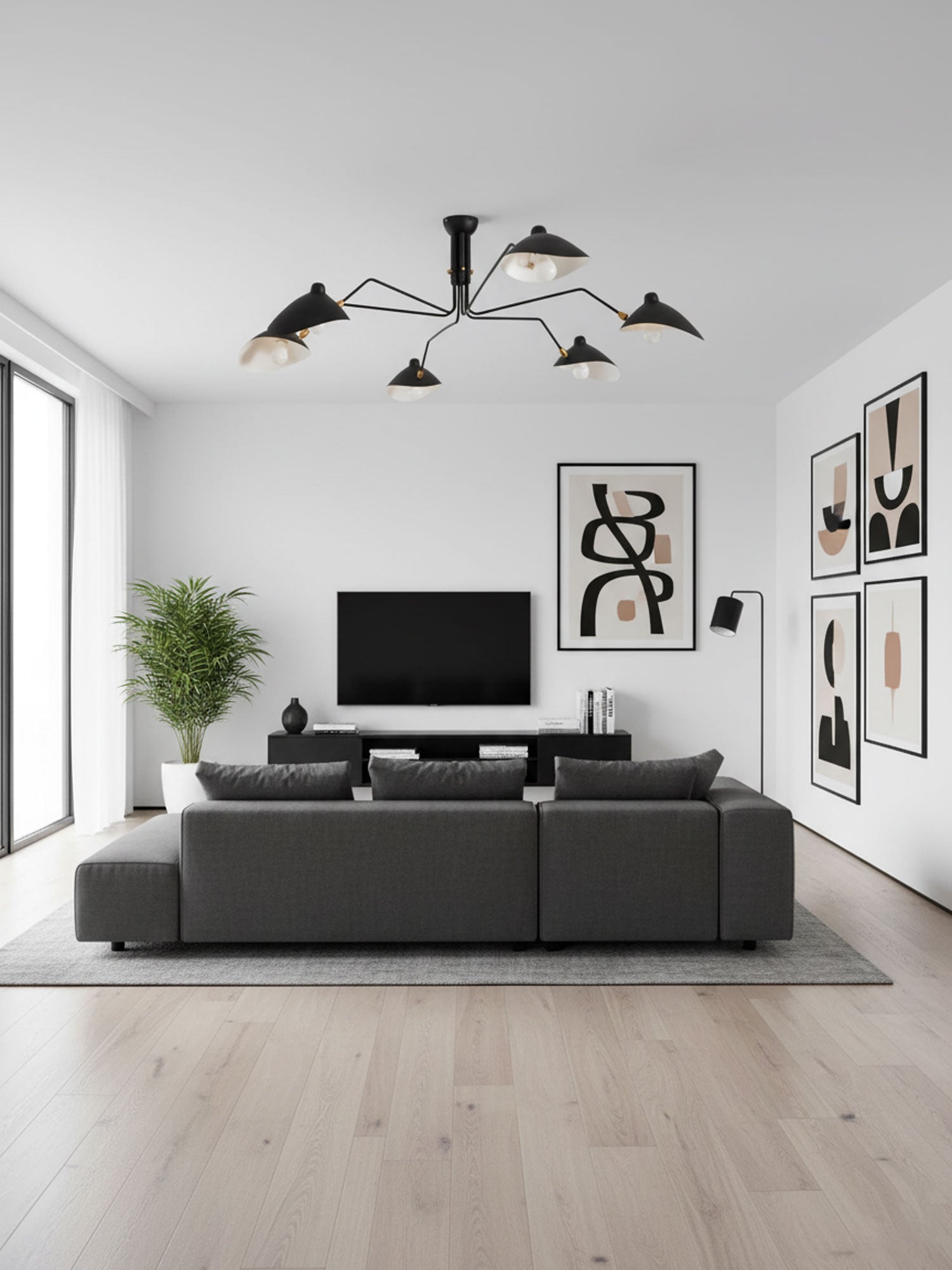 Spider ceiling light with slender arms shown on white