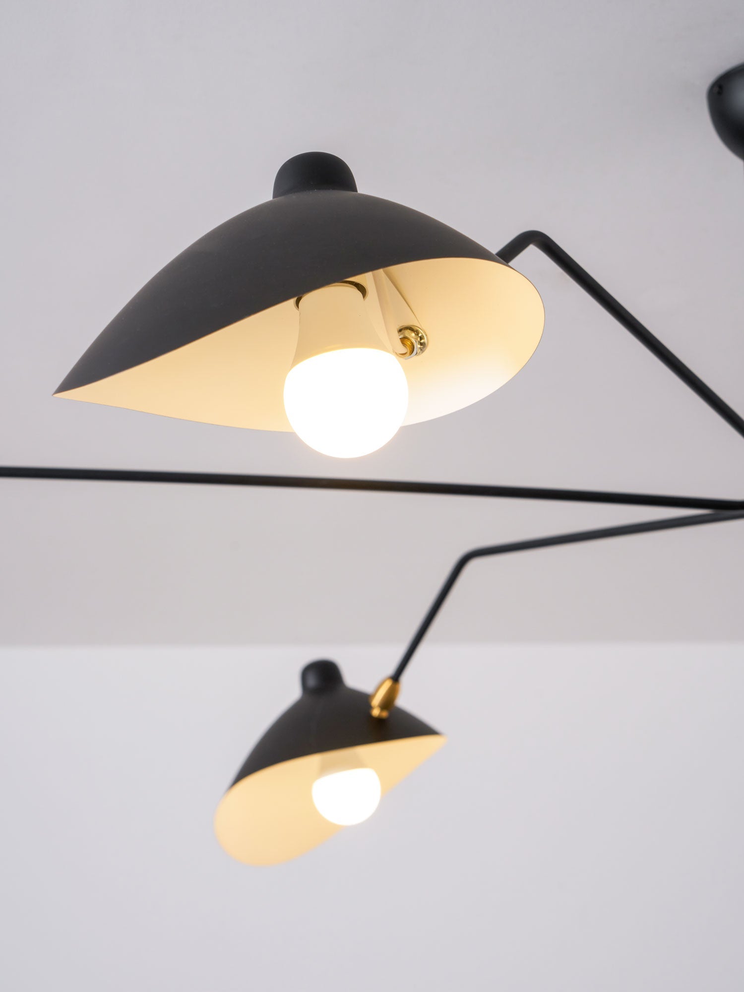 Suspended spider ceiling light arms detail against a wall