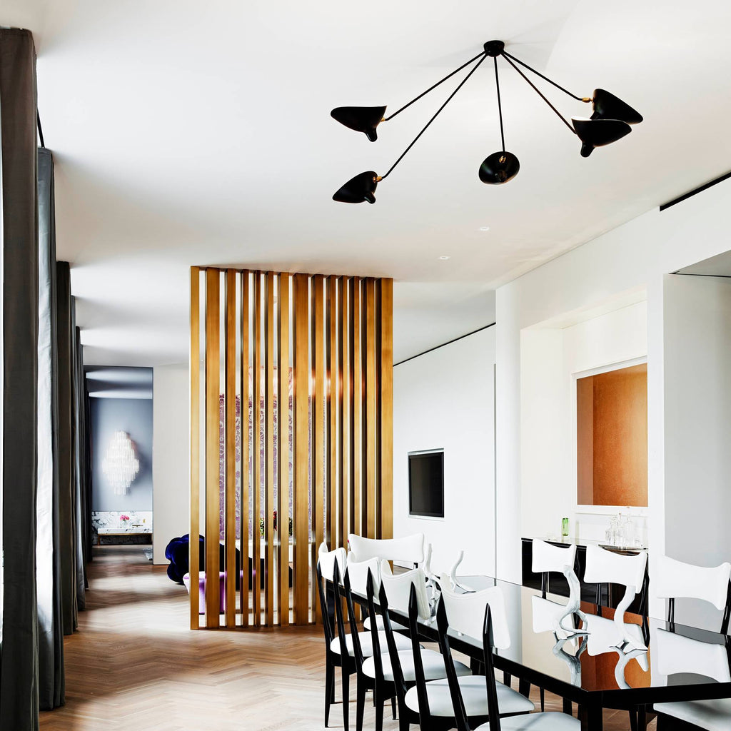 Spider ceiling lamp lit above an open living space