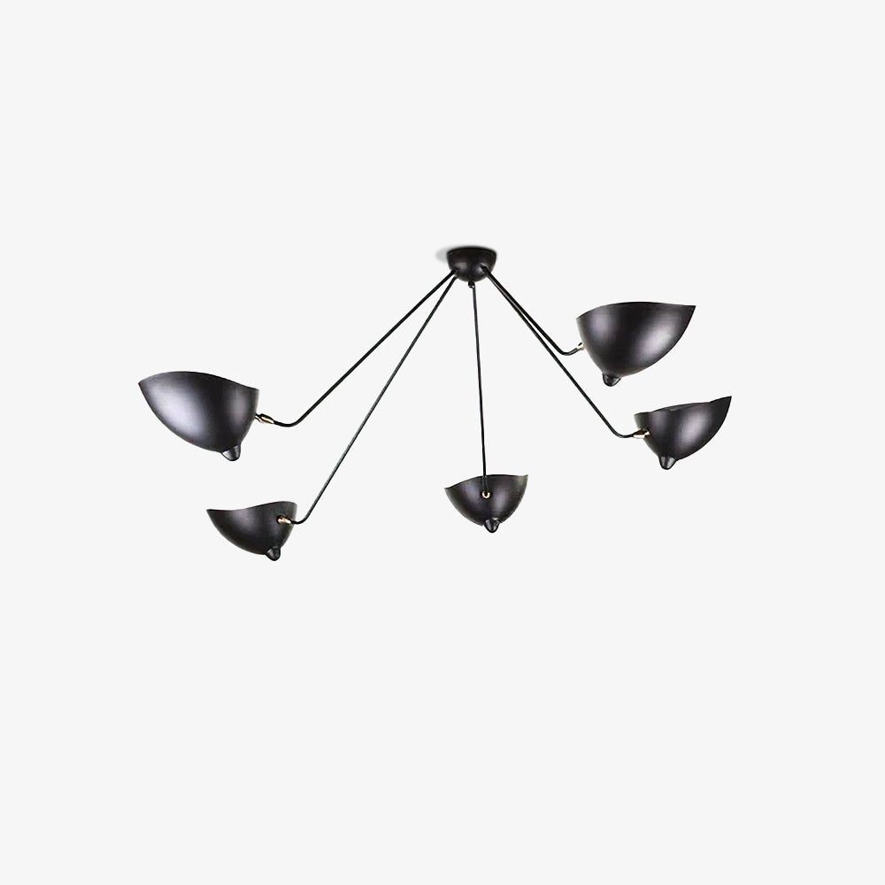 Multi-arm spider ceiling light mounted overhead in a hallway