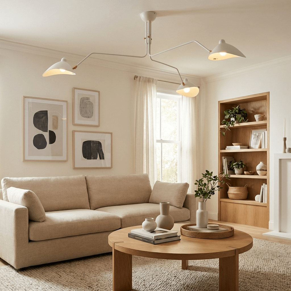 Multi-arm ceiling light viewed from a side angle
