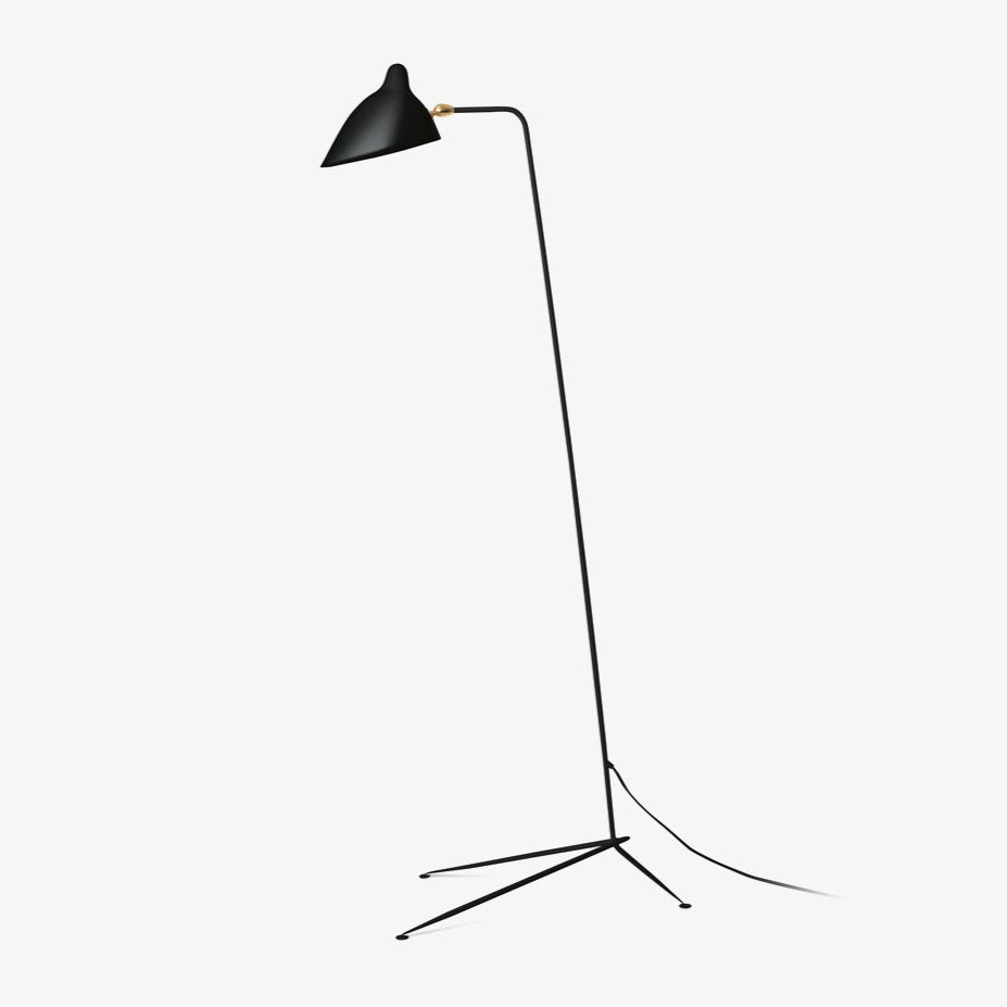 Black metal floor lamp arm and shade shown in close detail