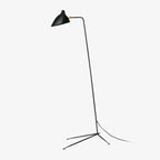 Black metal floor lamp arm and shade shown in close detail