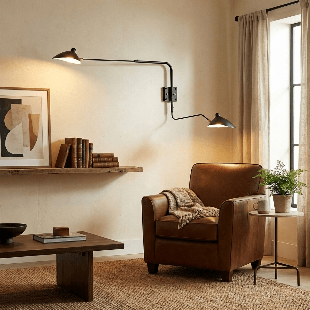 Two-arm wall sconce with twin rotating shades on long arms