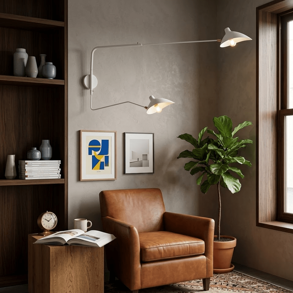 Black long-arm wall sconce reaching out from the wall