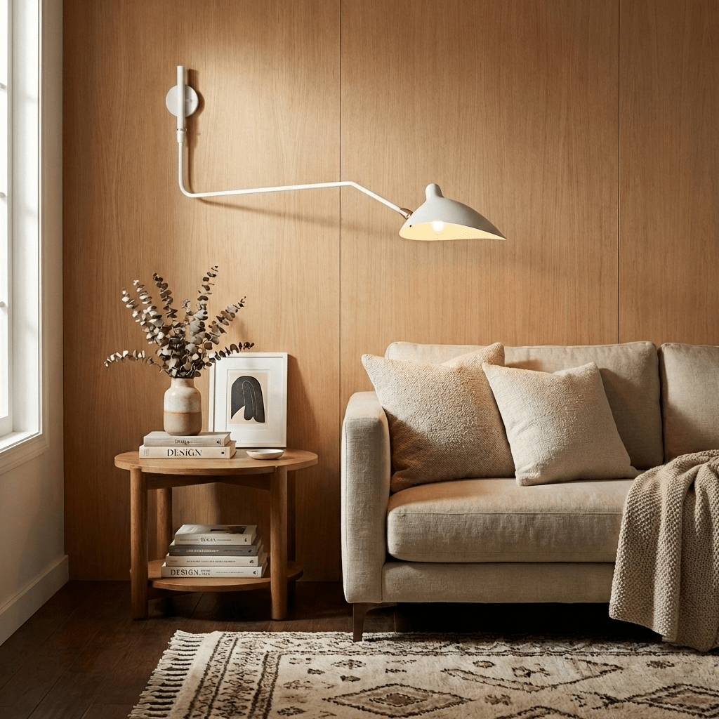 White wall sconce with extended arm and conical shade