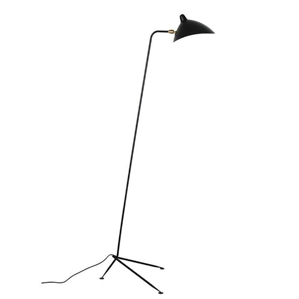 Sculptural black floor lamp with single arm and tripod base