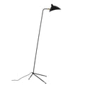 Sculptural black floor lamp with single arm and tripod base