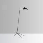 Black spider floor lamp standing in an open living space