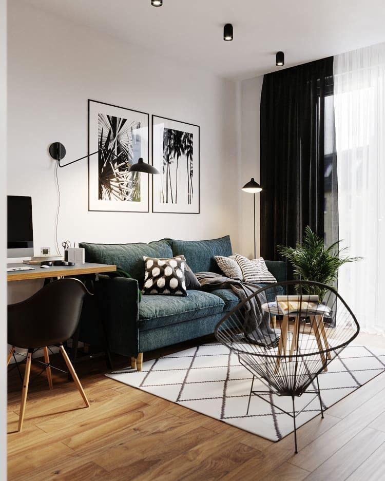Single-arm floor lamp positioned near a window