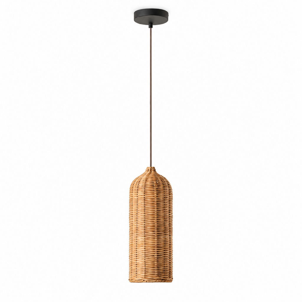 A tall cylinder rattan Clérachic pendant hangs from a black cord and canopy on a plain white backdrop.