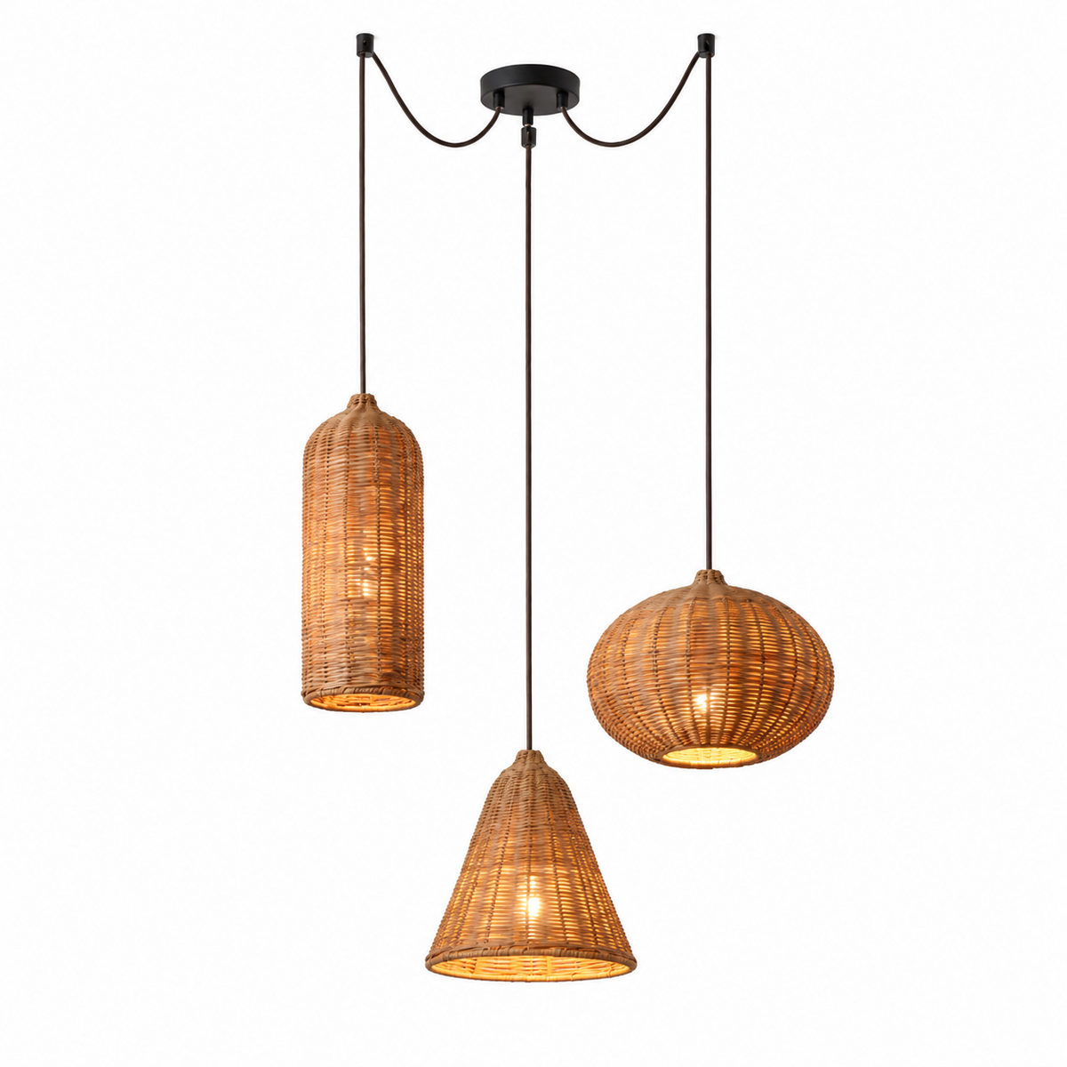 Seen from below, this three-arm Clérachic cluster lights its cylinder, pumpkin-round, and cone rattan shades warmly.