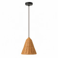 A cone-shaped rattan Clérachic pendant glows warmly, its hand-woven cane visible against a plain white backdrop.