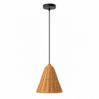 A cone-shaped rattan Clérachic pendant glows warmly, its hand-woven cane visible against a plain white backdrop.