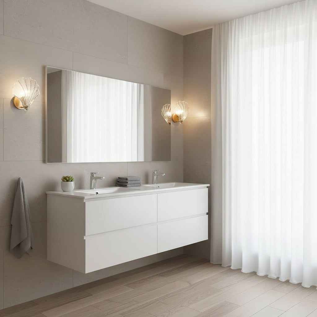 In a bathroom with a floating white vanity and mirror, this Clérachic wall light glows beside a hanging towel.