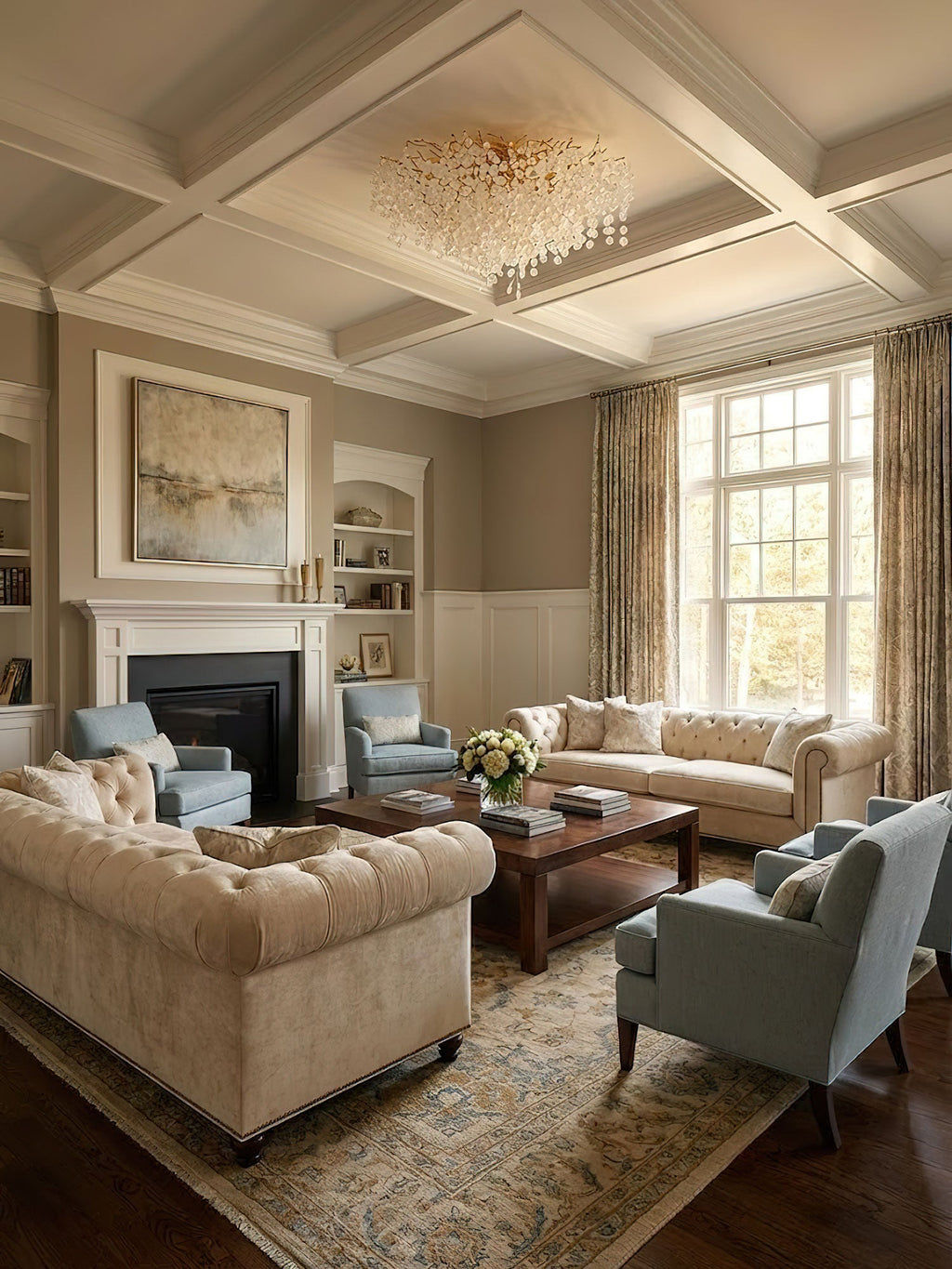 In a living room with a coffered ceiling and fireplace, this Clérachic ceiling light glows above a tufted sofa and blue armchairs.