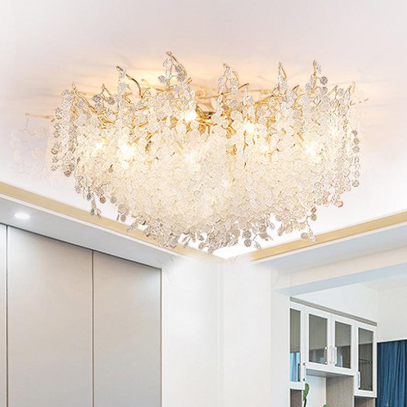 This Clérachic ceiling light sits flush against crown moulding beside sliding closet doors, its frosted glass discs unlit.