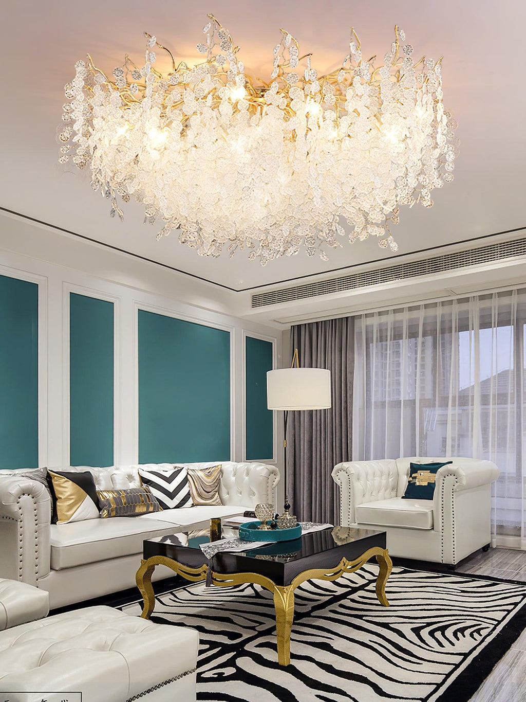 This Clérachic ceiling light glows above a black-and-gold coffee table in a living room with teal striped walls and a zebra rug.