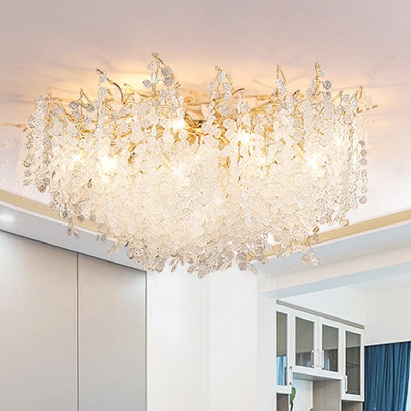 Viewed from a lower angle, this Clérachic ceiling light glows warmly beside sliding closet doors and crown moulding.
