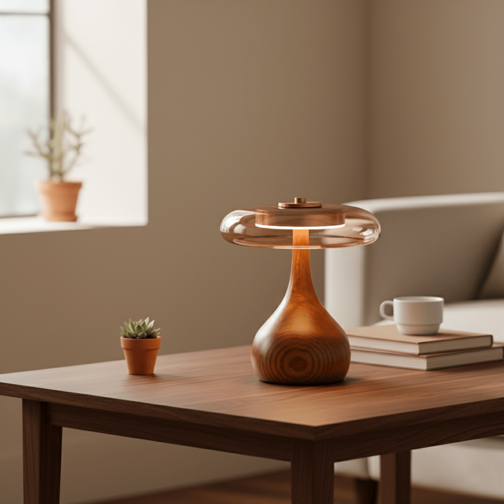 Walnut wood table lamp casting warm amber light at dusk