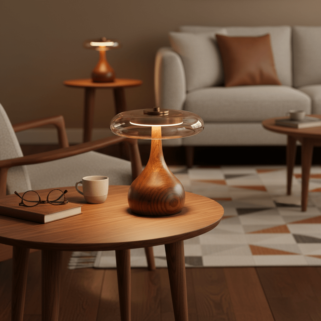 Walnut table lamp with amber shade shown at an angle