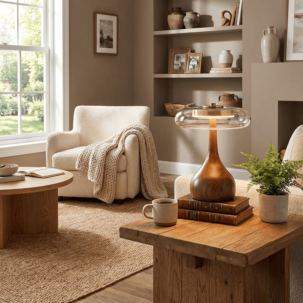 Table lamp with curved wood base and amber shade on a console