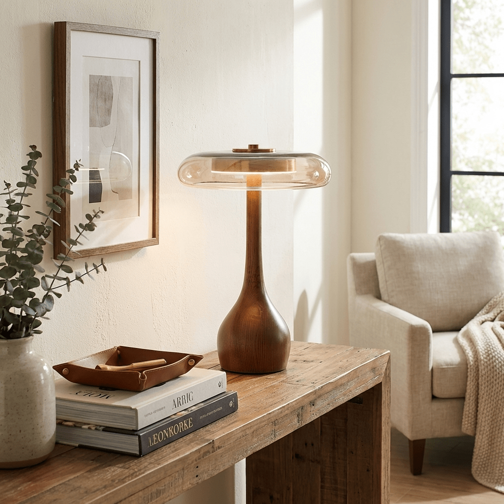 Walnut wood table lamp glowing warmly in a calm interior