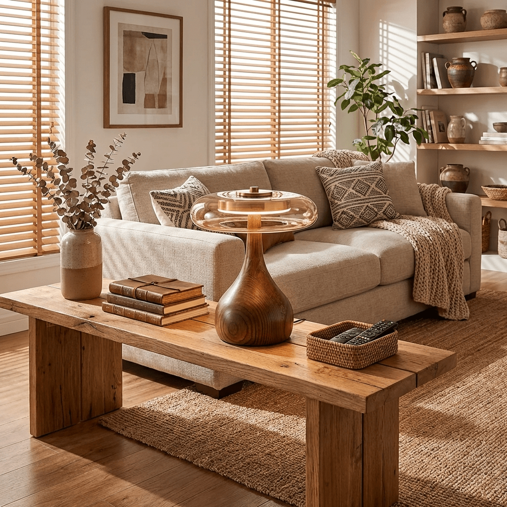 Wood base table lamp with amber glass shade shown switched off